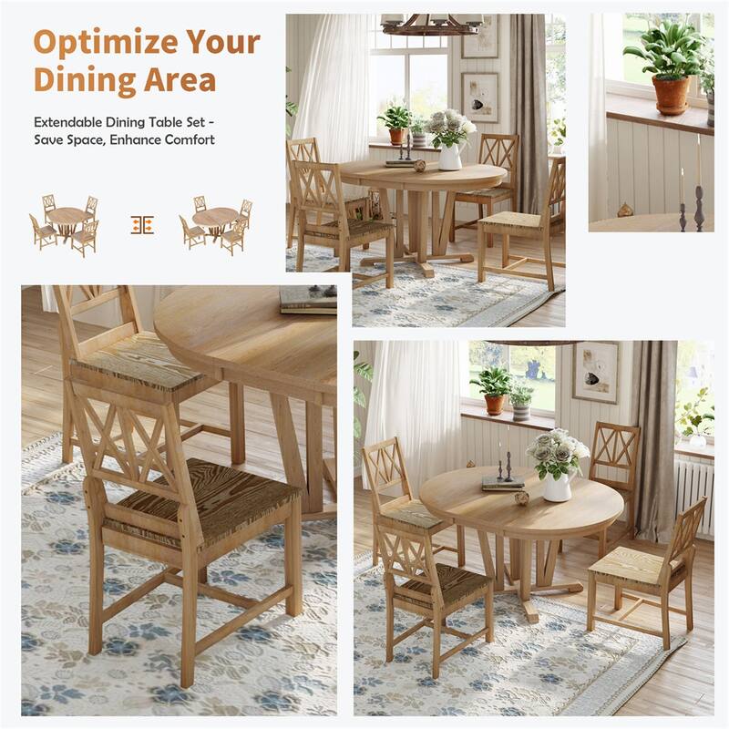 5-Piece Rustic Wood Extendable Round Dining Table Set with 4 Chairs