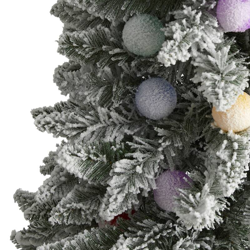 5ft. Flocked Fir Artificial Christmas Tree with 50 Multi-Color Globe Bulbs and 379 Branches - Playful X-Mas Accent Tree