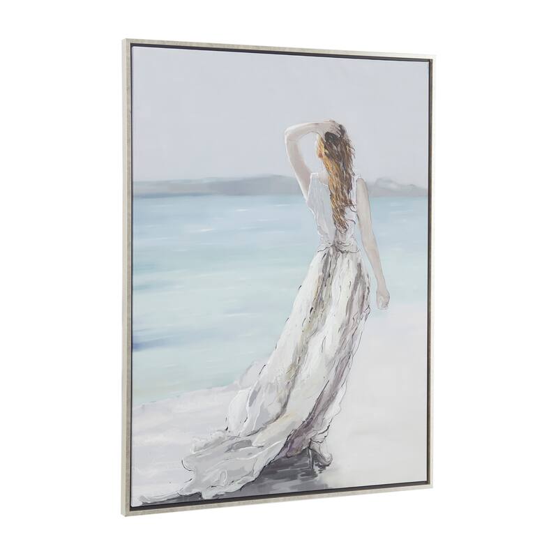 White Canvas Women Landscape Framed Wall Art with Silver Frame