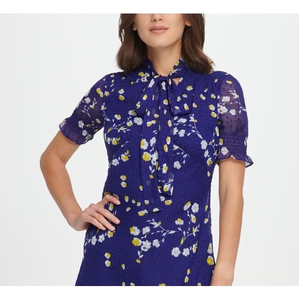 Dkny Women's Floral Tie Neck Above The Knee Fit Flare Party Dress Blue Size  4 - Bed Bath & Beyond - 40560044