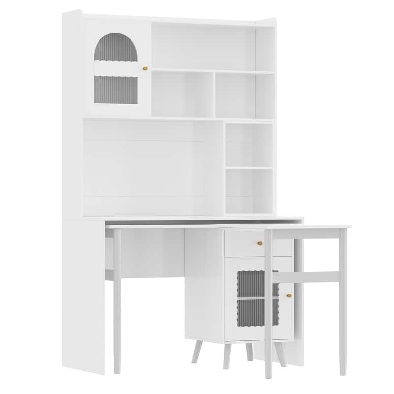 Computer Desk with Drawer and Cabinets, Office Desk with 90 Degree Rotating Desk, Wood Gaming Desk, Wring Desk
