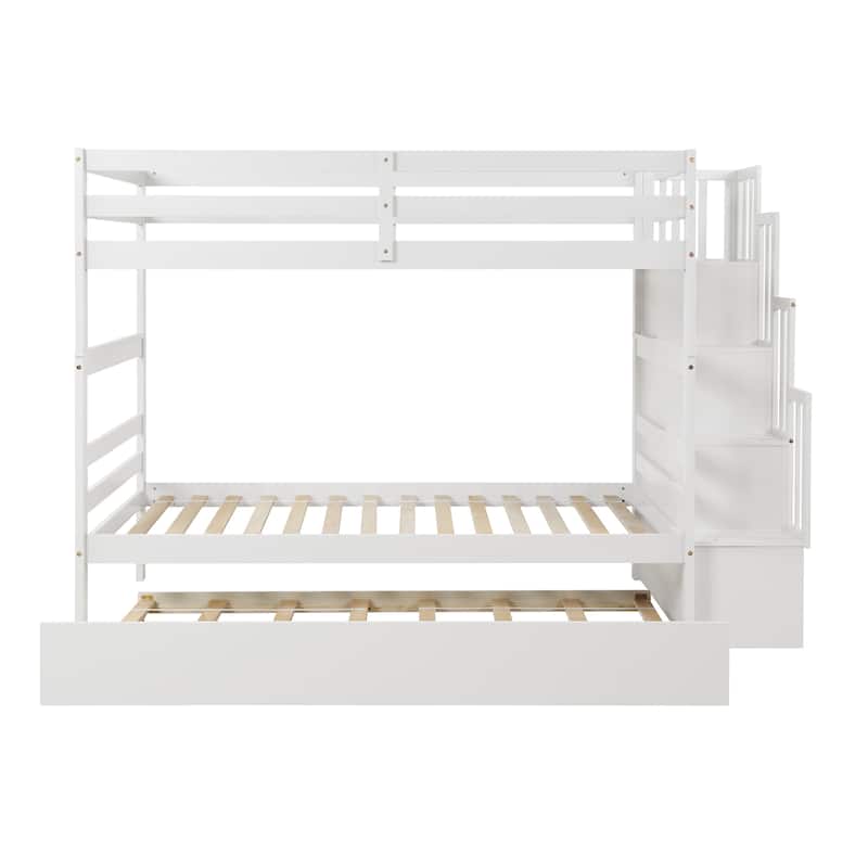 Kids Twin Over Twin Bunk Beds with Twin Trundle, Storage Stairway and Full-Length Guardrails