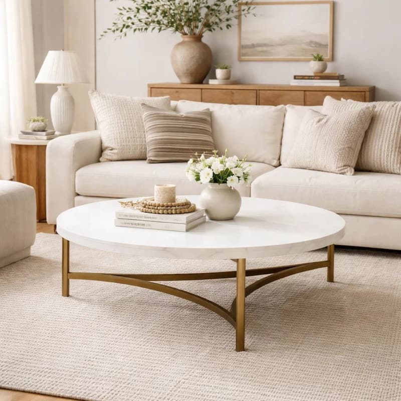 Leyu 46 Inch Round Coffee Table, White Concrete Top, Bronze Tripod Base