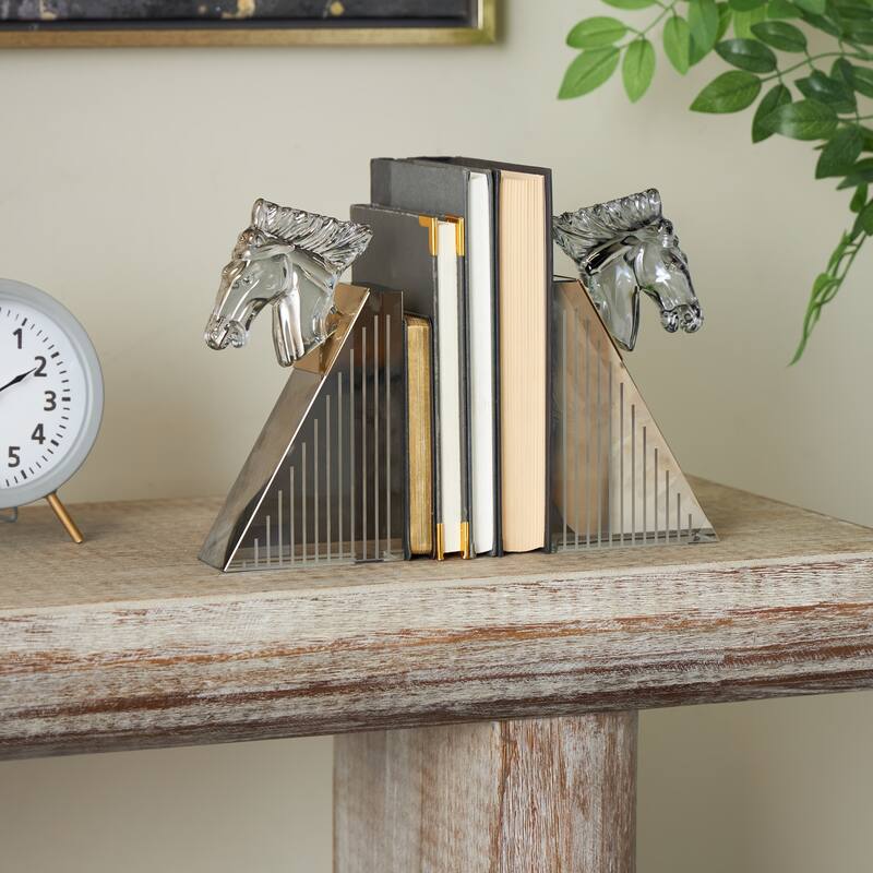 Glass Horse Head Bookends with Pyramid Bases - Set of 2 Clear - Roche River Decor