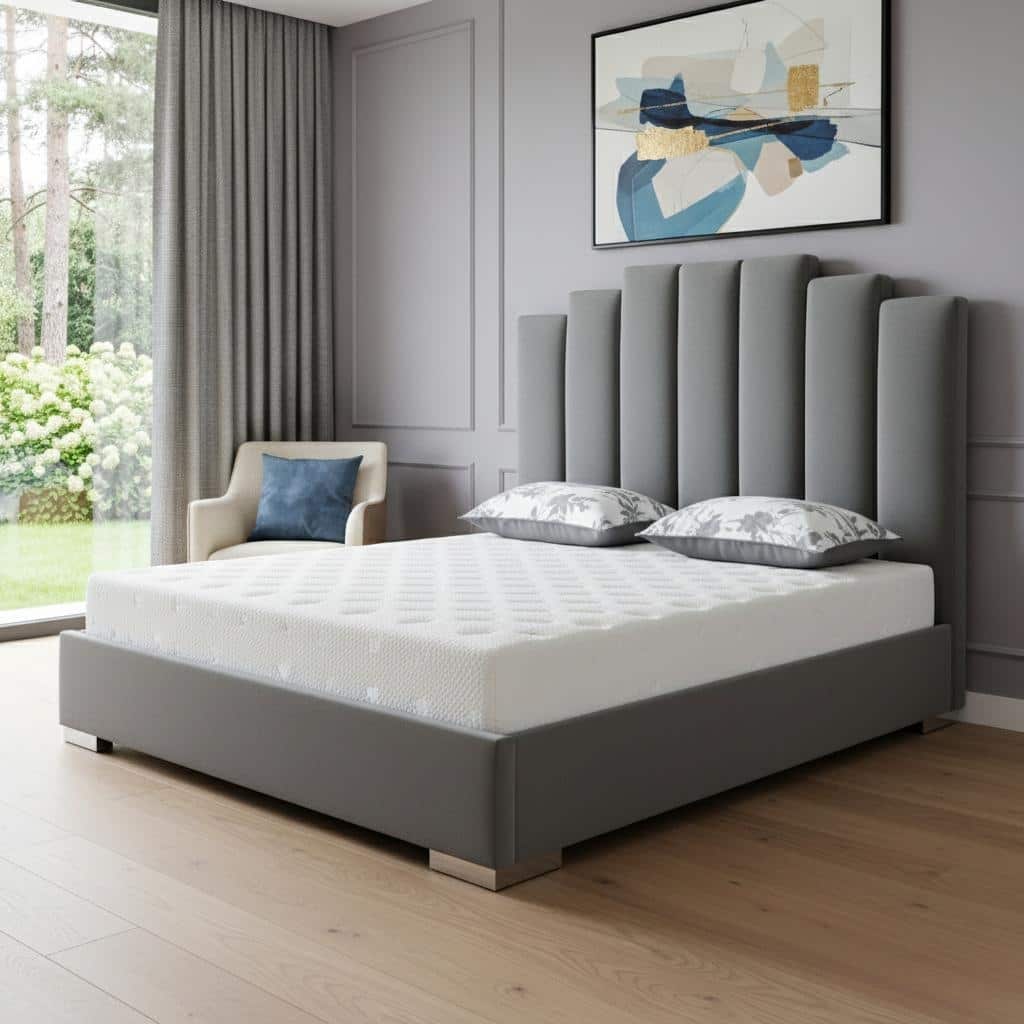 HomeRoots Queen Grey Upholstered Vertical Channel Velvet Bed with USB