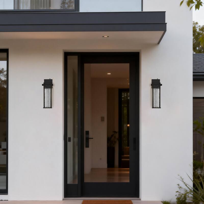 15 in. Sand Black Dusk to Dawn LED Outdoor Hardwired Wall Sconce with Water Wave Glass - Dimmable, 2700K, Wet Rated