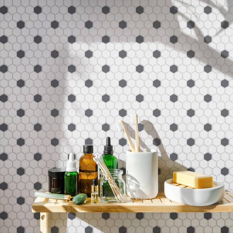 Merola Tile Gotham Hex Series Antique White and Black 10-1/4" x 11-7/8" Porcelain Mosaic Tile