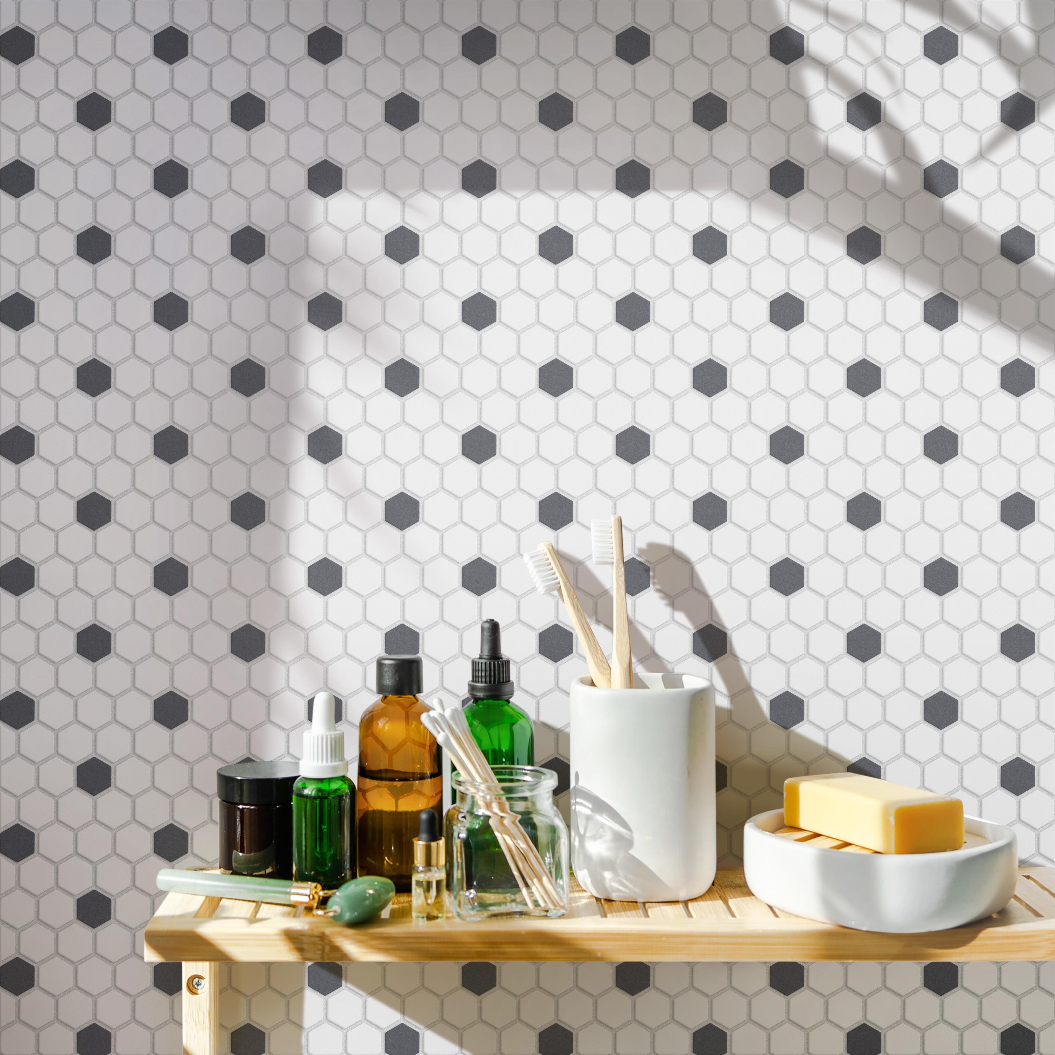 Merola Tile Gotham Hex Series Antique White and Black 10-1/4" x 11-7/8" Porcelain Mosaic Tile