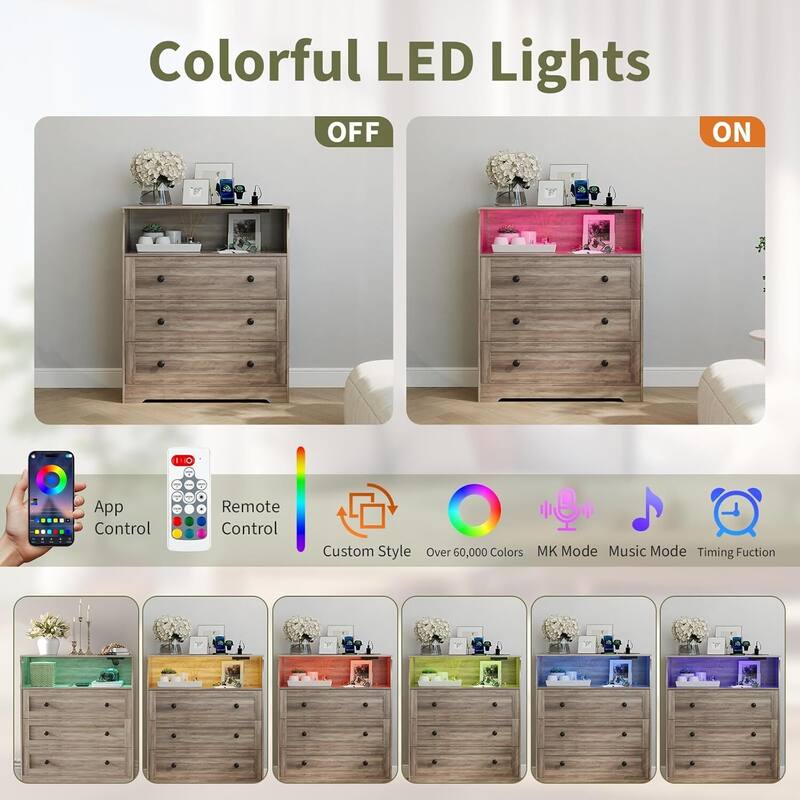 3 Drawer Dresser for Bedroom with Charging Station & LED Lights