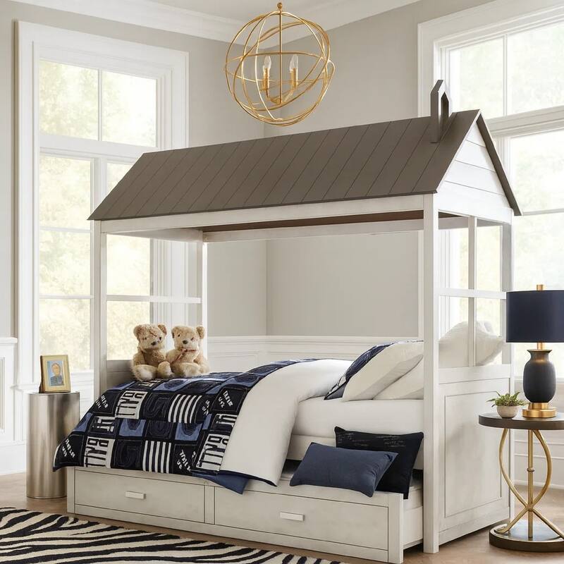 Tree House Design Wooden Twin Size Bed with Trundle, White and Gray