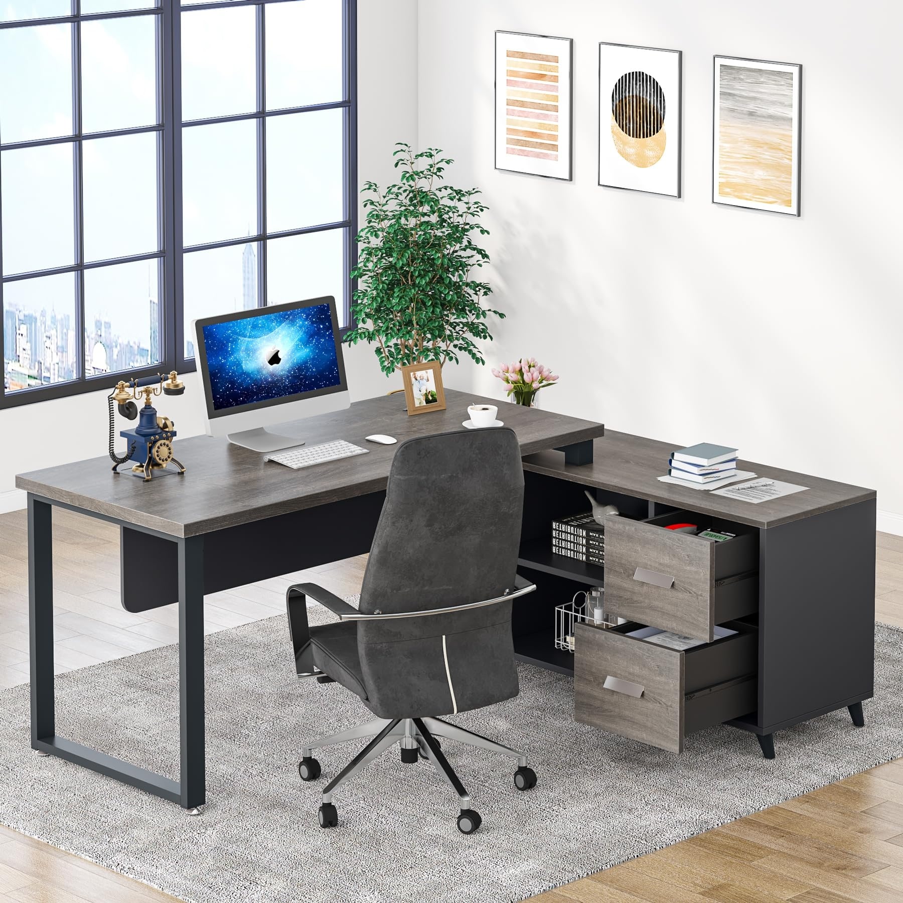 L Shaped Desk with 2 Drawers, 55 Inch Executive Office Desk with Cabinet  Storage Shelves, Business Furniture L Shaped Computer Desk for Home Office  – Built to Order, Made in USA, Custom