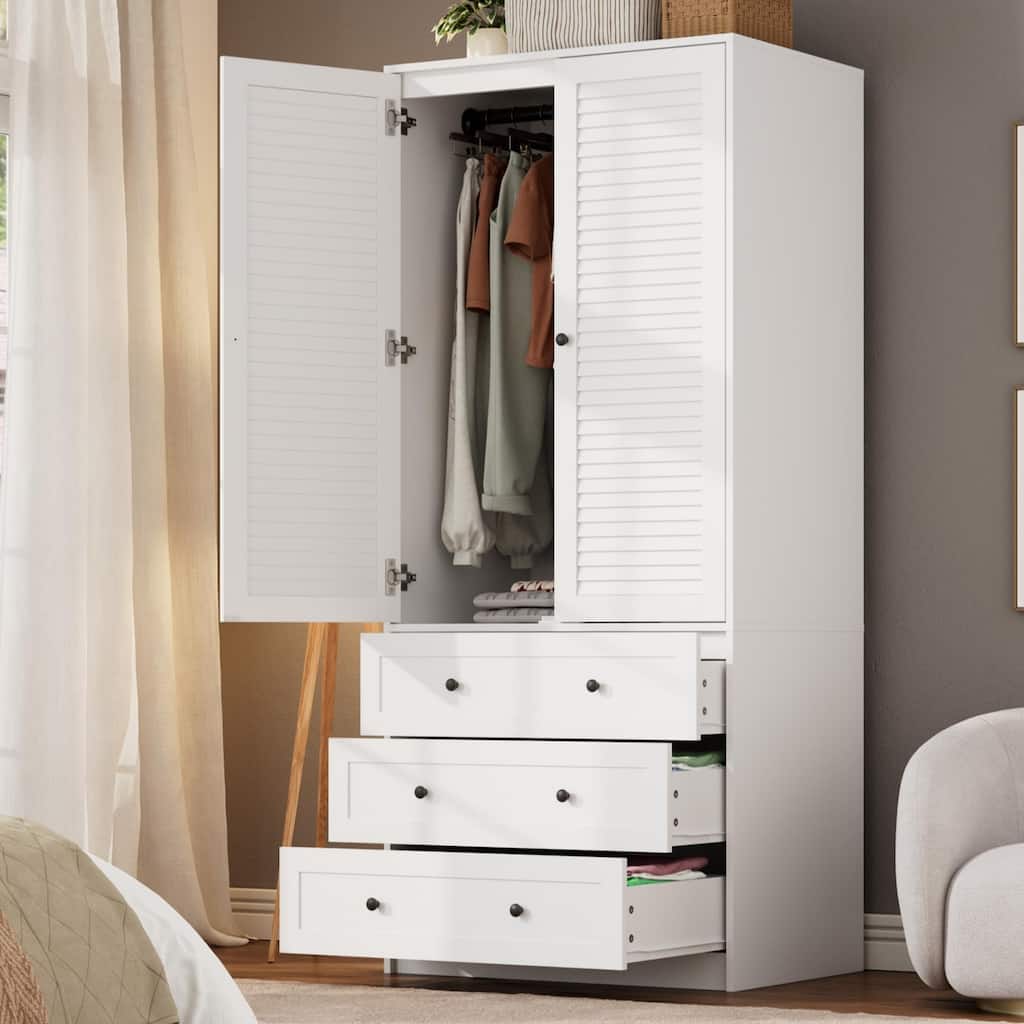 69.5" Wooden Armoire Wardrobe Closet with Louvered Doors, Drawers & Hanging Rod, Natural Finish Storage Cabinet