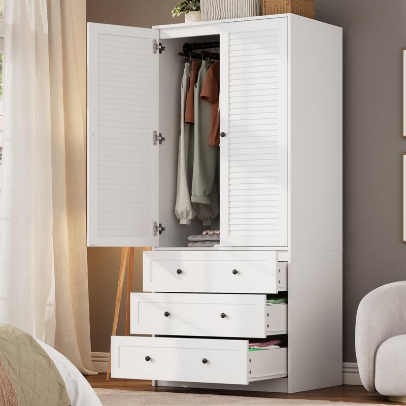 Armoire Wardrobe Closet with Drawers, 69.5" Wooden Wardrobe Cabinet with Hanging Rod, 2 Doors Clothing Storage Cabinet - White