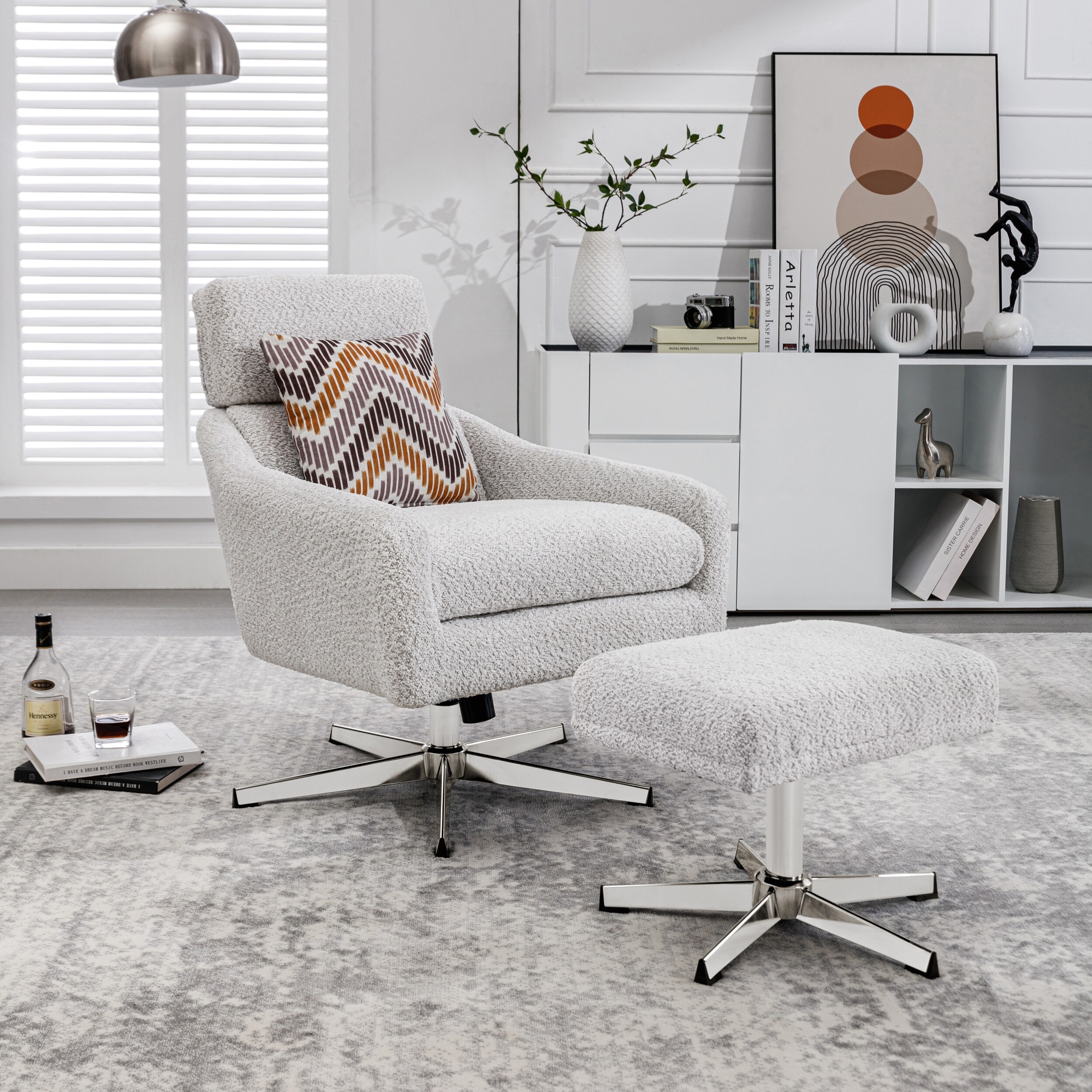 Adjustable Height Swivel Lounge Chair with Ottoman and Stainless Steel Frame for Living Room Office Beige Bed Bath Beyond 39514072