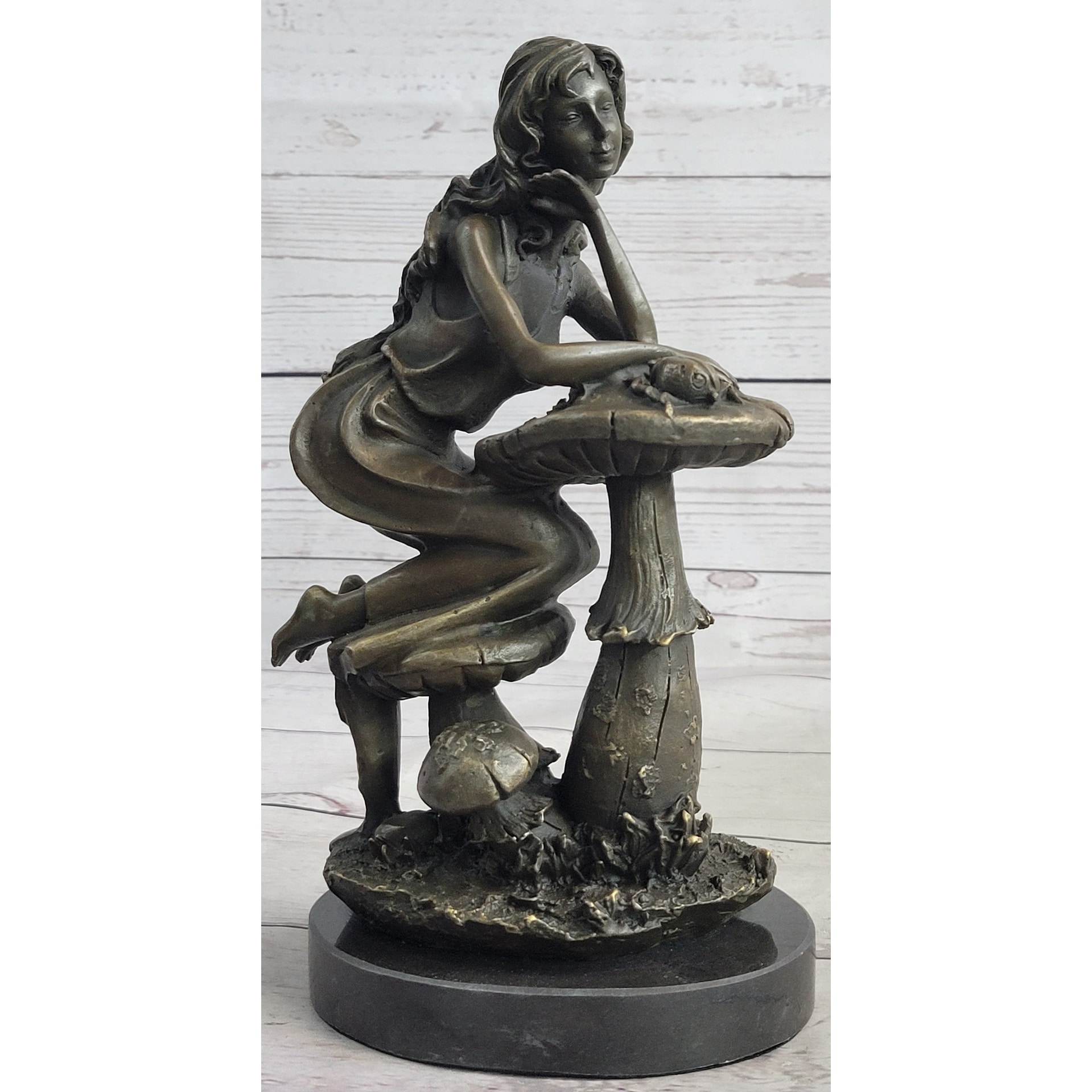 Girl Sitting On Mushroom Toadstool Alice Wonderland Bronze Figure Sculpture 10 Inches X 5 Inches