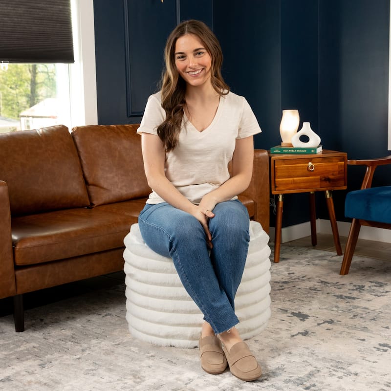Plush Faux Fur Ribbed Pouf Ottoman - 22" - Cream