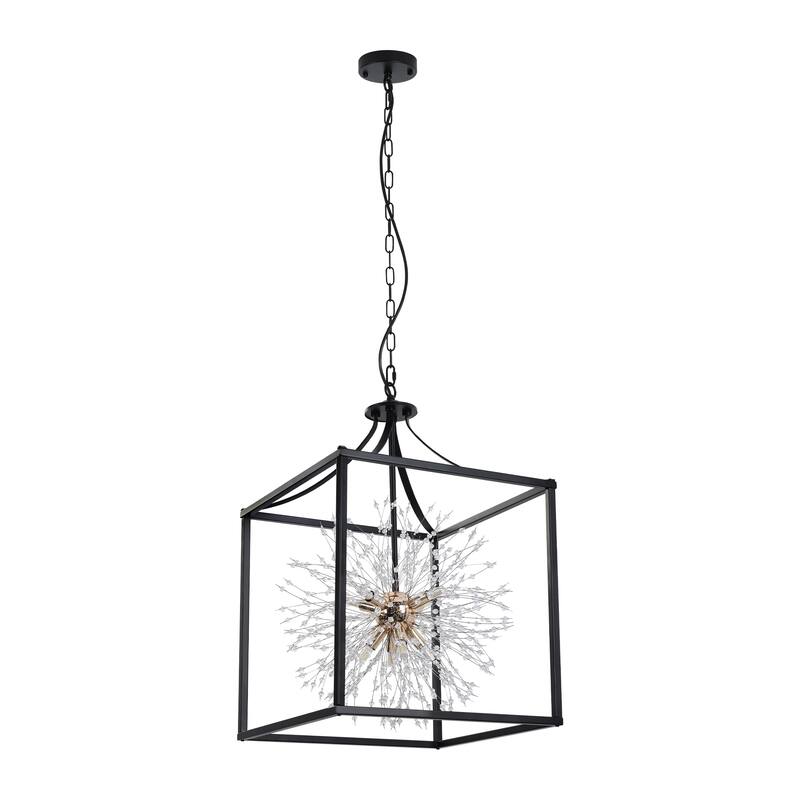 8-Light Mid-Century Modern Square Caged Linear Crystal Chandelier Sputnik Starburst Pendant Light