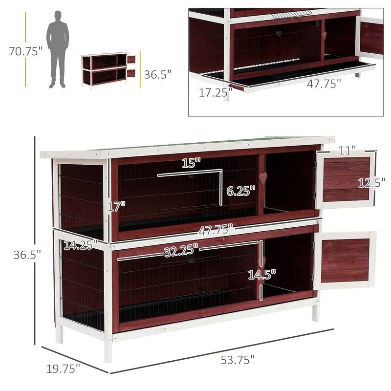 Two-Tier Hutch with Playpen, Slide-Out Trays and Roof Cover - 53.75" L x 19.75" W x 36.75" H