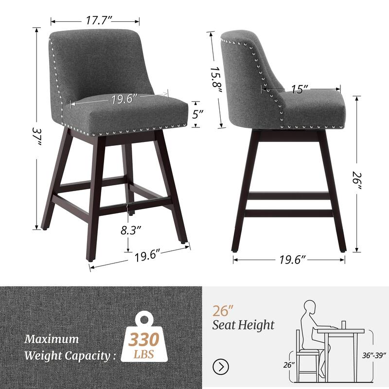 26 in. Fabric Upholstered Counter Height Swivel Bar Stool with Footrest - 19.6"D x 19.6"W x 37"H