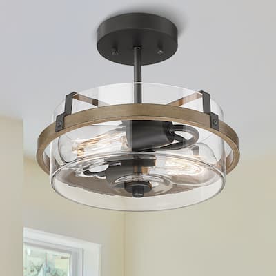 2-Light Semi-Flush Mount Lighting with Wood Tone