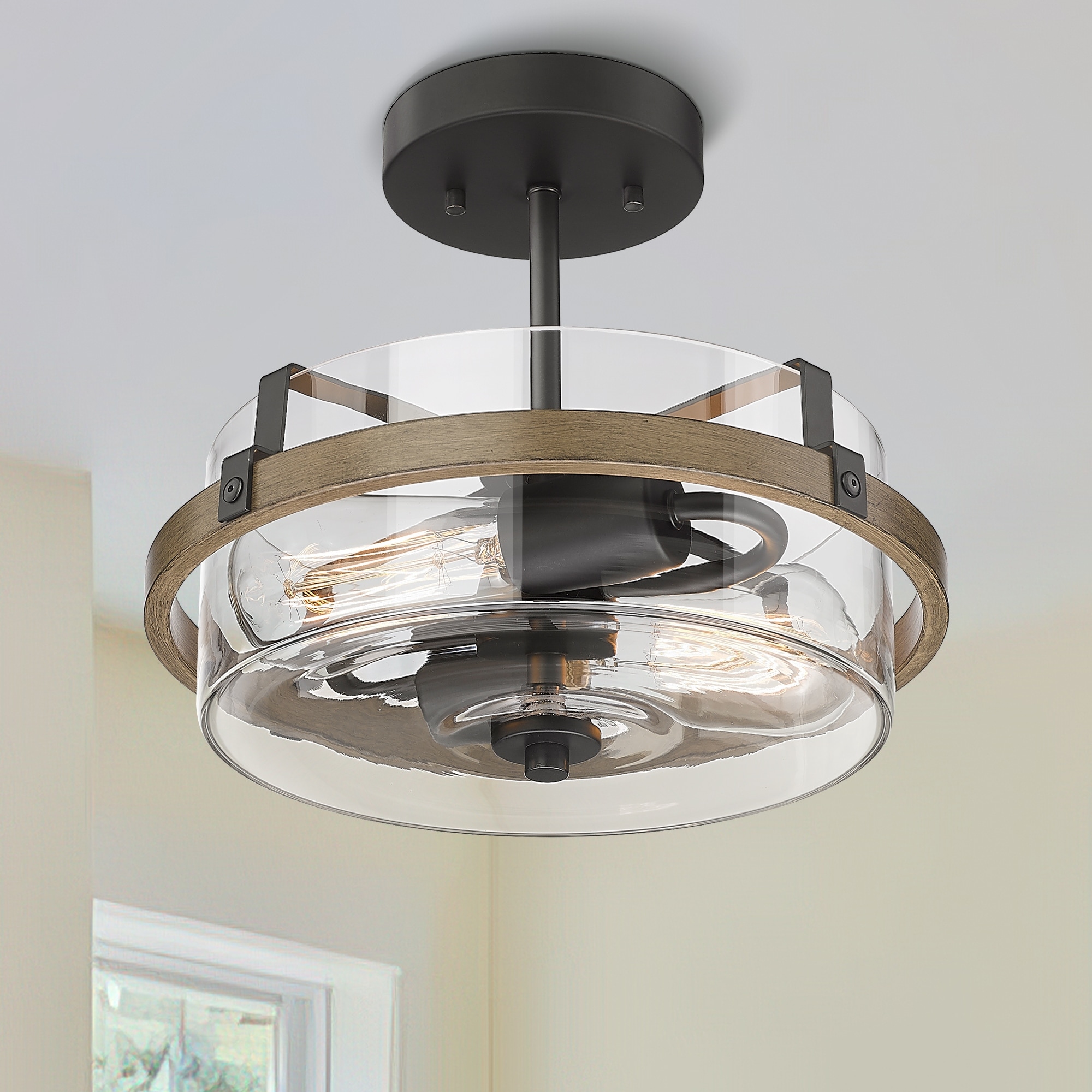 2-Light Semi-Flush Mount Lighting with Wood Tone