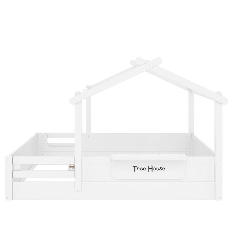 Montessori Floor Bed of 3 Kinds Size, House-shaped Platform Bed with Small Built-in Tray, Signboard and No Slats Design