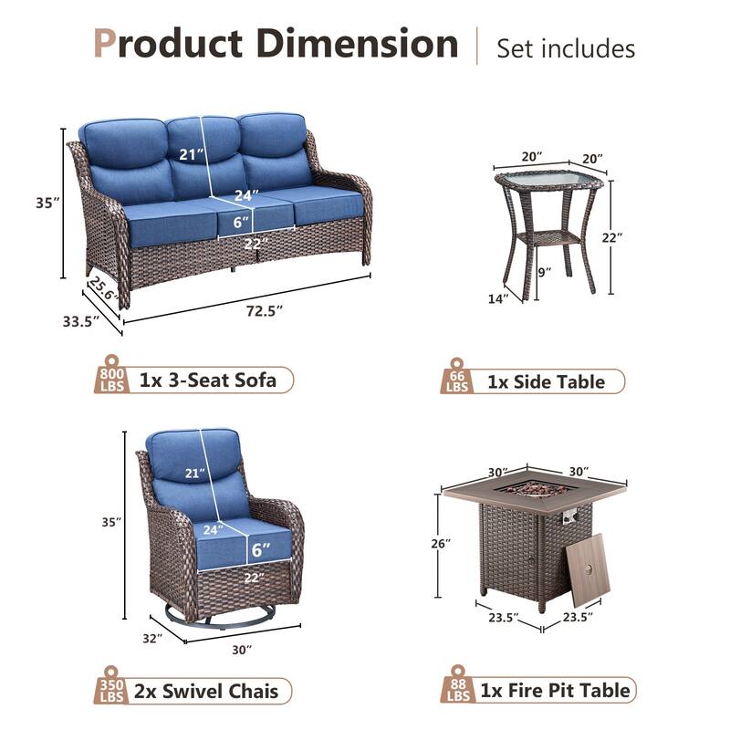 Pocassy 5 Pieces Outdoor 6" Sofa Swivel Chair with Fire Pit Table