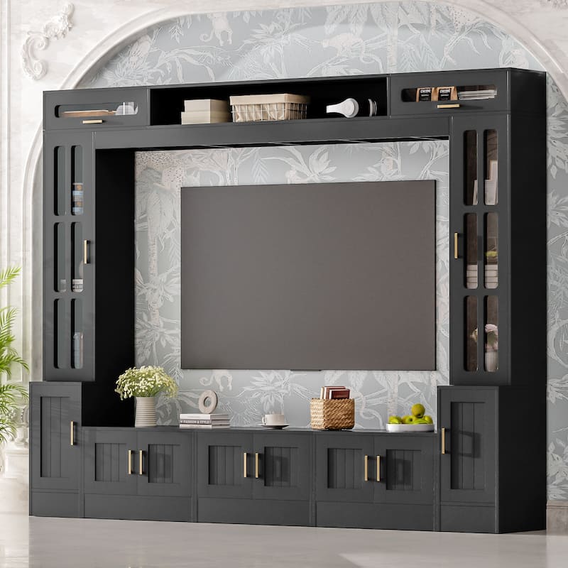 80 inch TV Stand, 8.4 ft Wall Unit Entertainment Center with Bookshelves & Glass Door Cabinets - Black