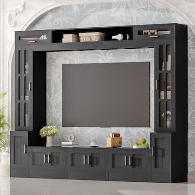 80 inch TV Stand, 8.4 ft Wall Unit Entertainment Center with Bookshelves & Glass Door Cabinets