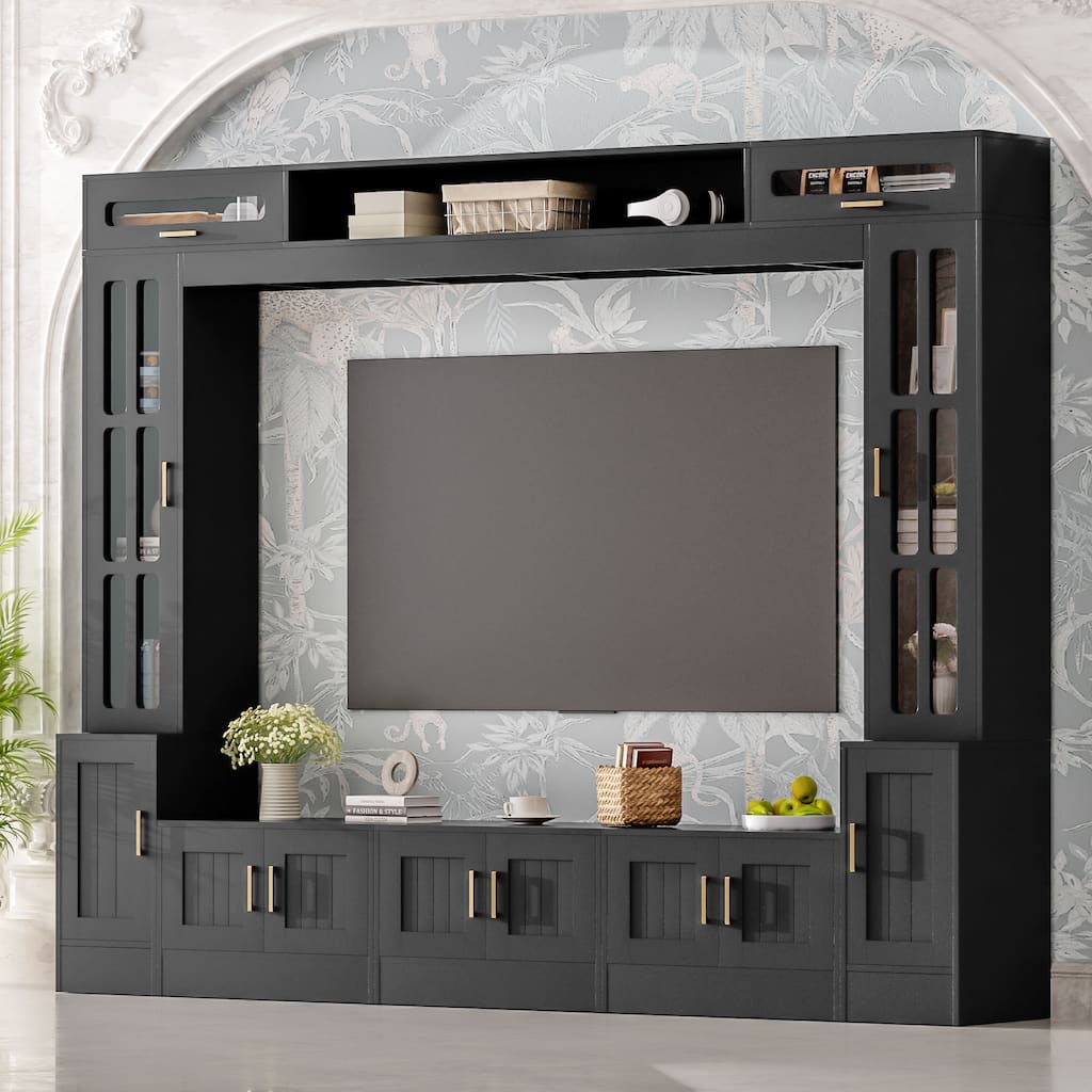 80 inch TV Stand, 8.4 ft Wall Unit Entertainment Center with Bookshelves & Glass Door Cabinets