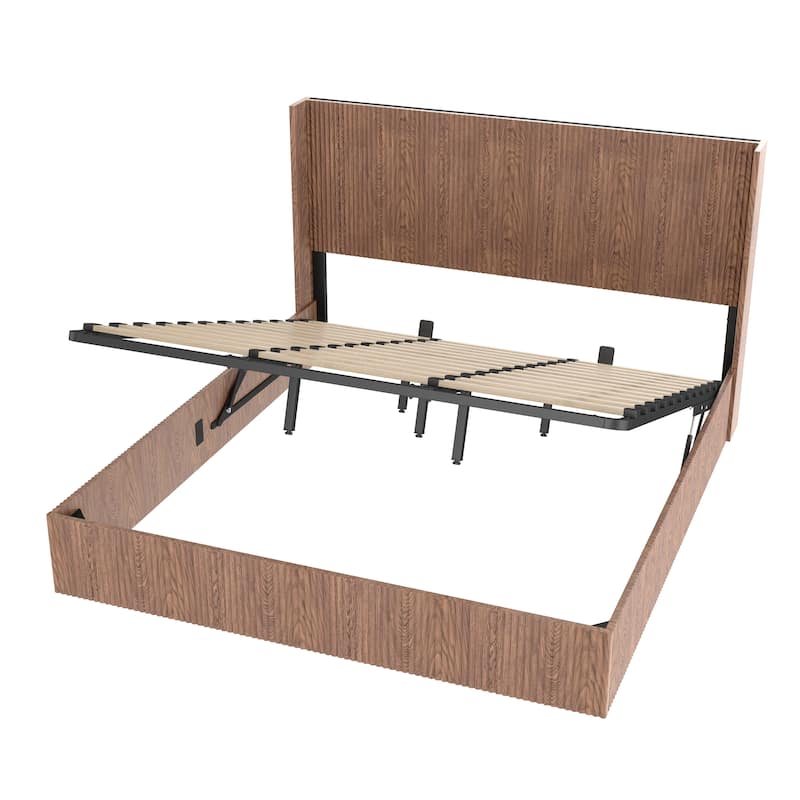 Large Grooved Undulating Lift Storage Bed Frame, Wooden Platform Bed Frame With Lift Storage, No Spring Box Required (King)