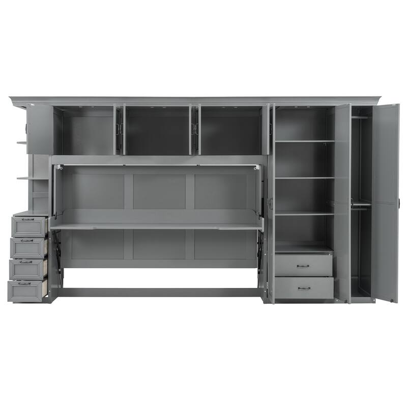 Twin Size Murphy Bed with Wardrobe, Cabinet, and Desk in Gray