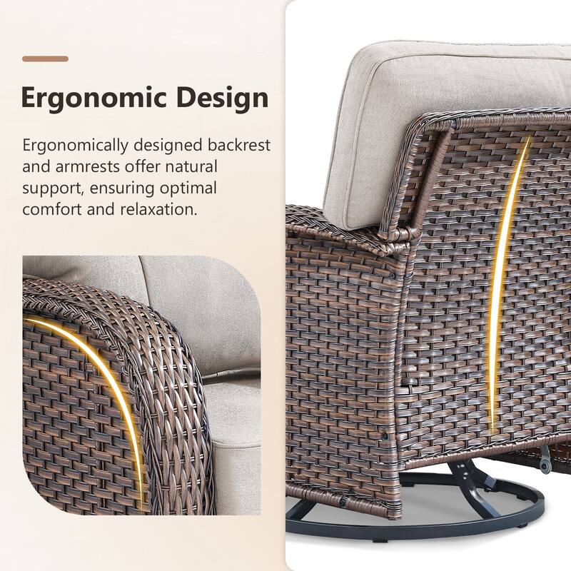 TWrap Wicker Patio Iron Fire Pit Conversation Set with 3-Seat Sofa & Swivel Gliders & Armchairs