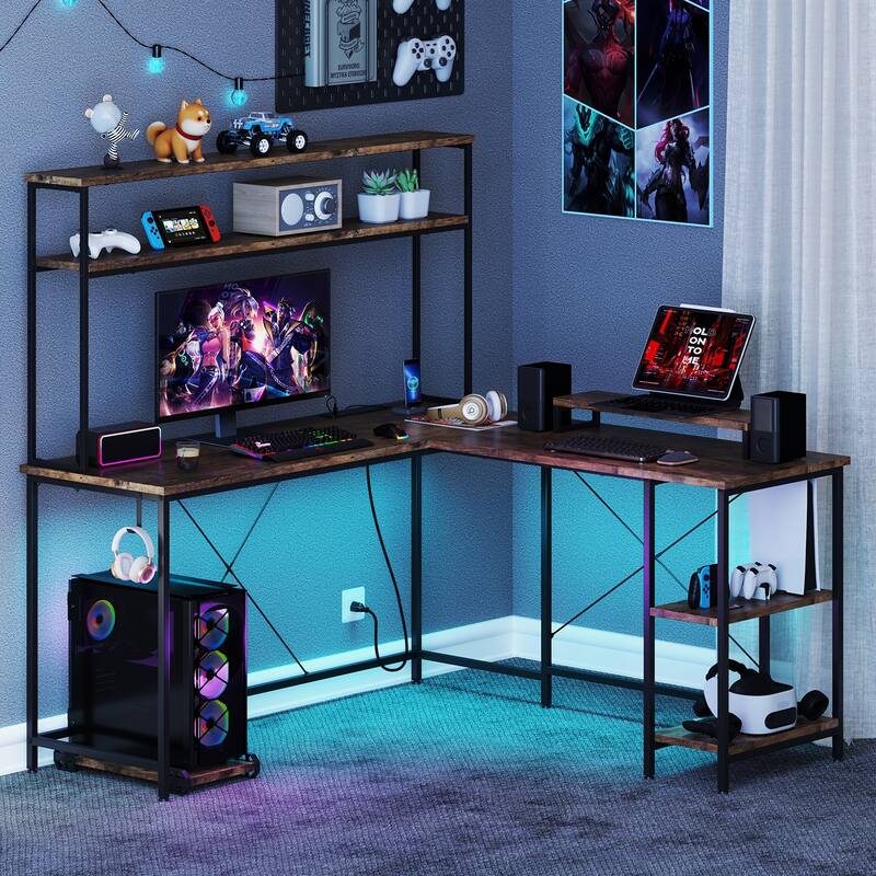 Engineered Wood L-Shaped Gaming Desk with LED Lights and Power Strip