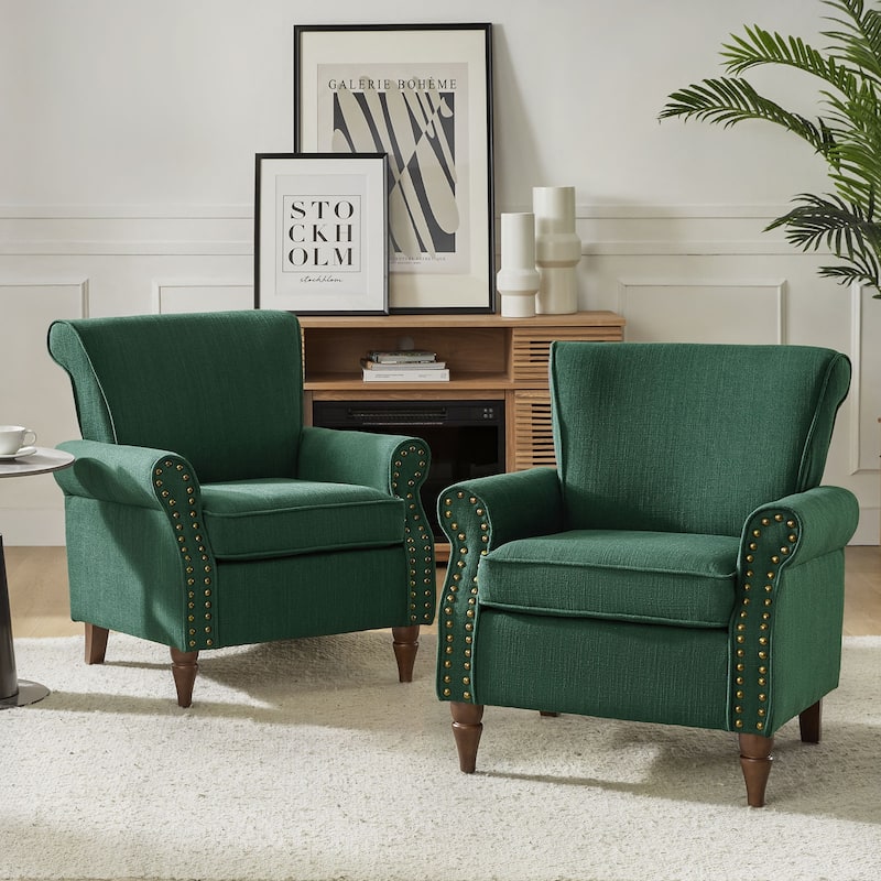 Nyctelius Upholstered Comfy Accent chair with Turned Wooden Legs and Nailhead Trim Set of 2 by HULALA HOME