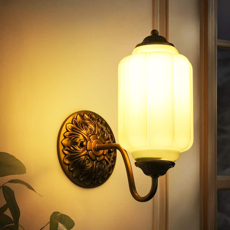 1-Light Vintage Aged Antique Brass Finish Lantern Shaped Wall Light with Milk/Green Glass for Bedroom, Hallways