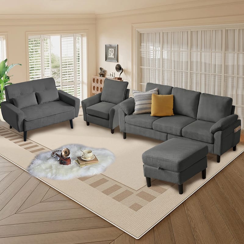 4-Piece Corduroy Living Room Sectional Sofa Set with Loveseat and Chair