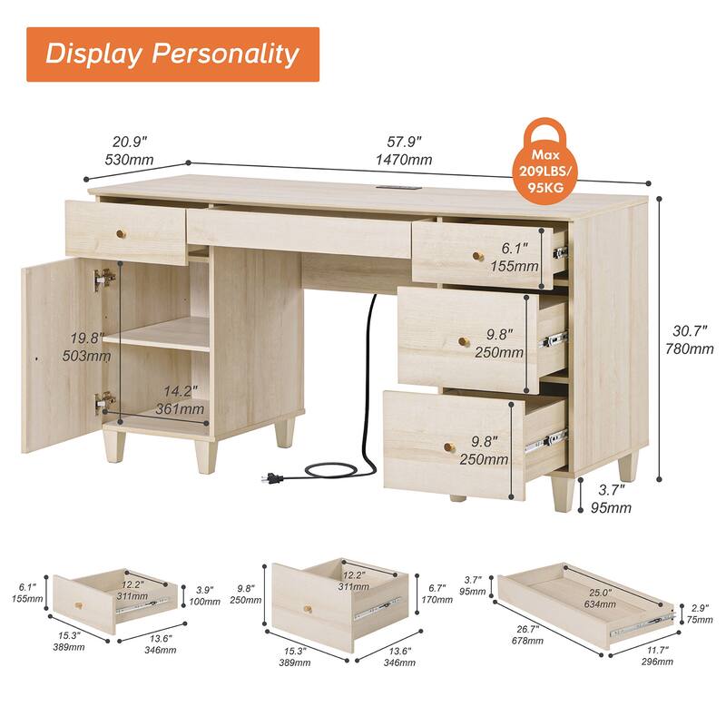 58" Executive Desk with 5 Drawers&Charging Station for Home Office
