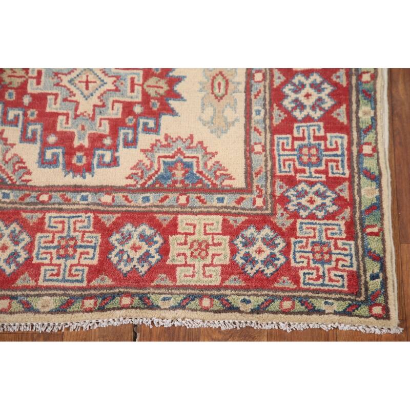 Hand Knotted Oriental 100% Wool Carpet Traditional Geometric Beige & Ivories Kazak Runner Rug - 8' 5'' X 2' 9''