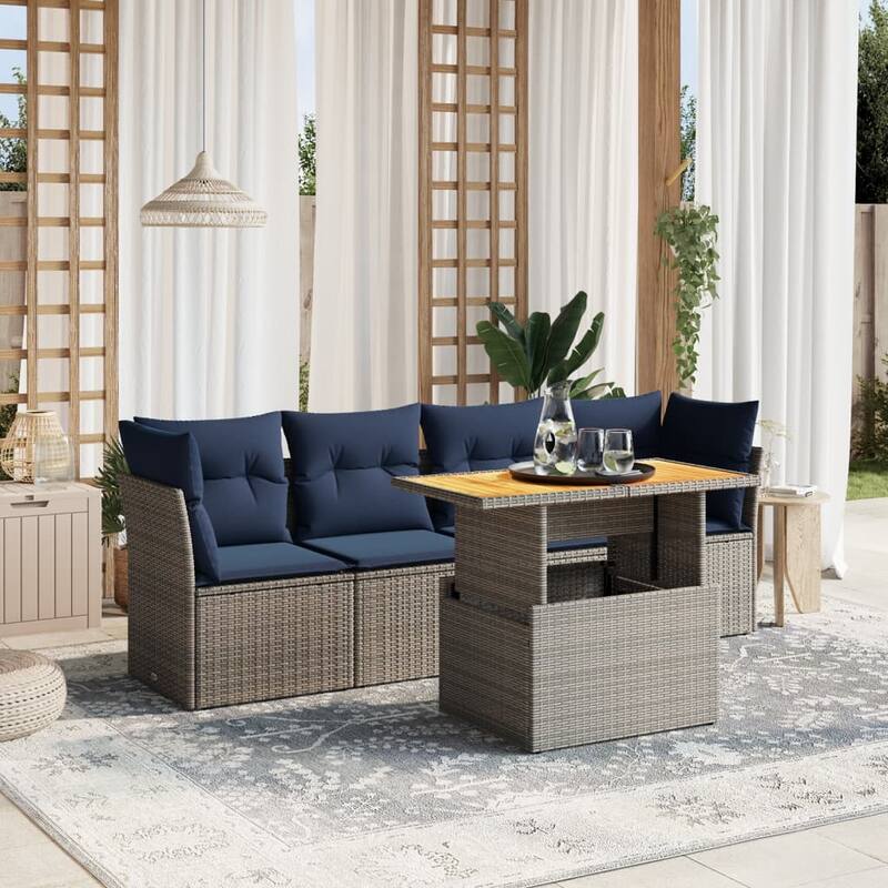 vidaXL Patio Sofa Set with Cushions Outdoor Furniture 5 Piece Poly Rattan - Gray - 24.4" x 24.4" x 27.2"
