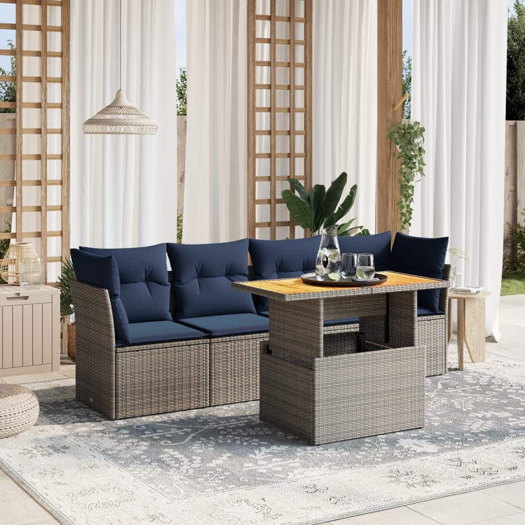 vidaXL Patio Sofa Set with Cushions Outdoor Furniture 5 Piece Poly Rattan