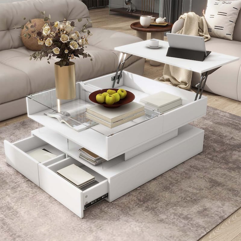 Lift-Top Coffee Table with 2 Drawers,Modern Square Design