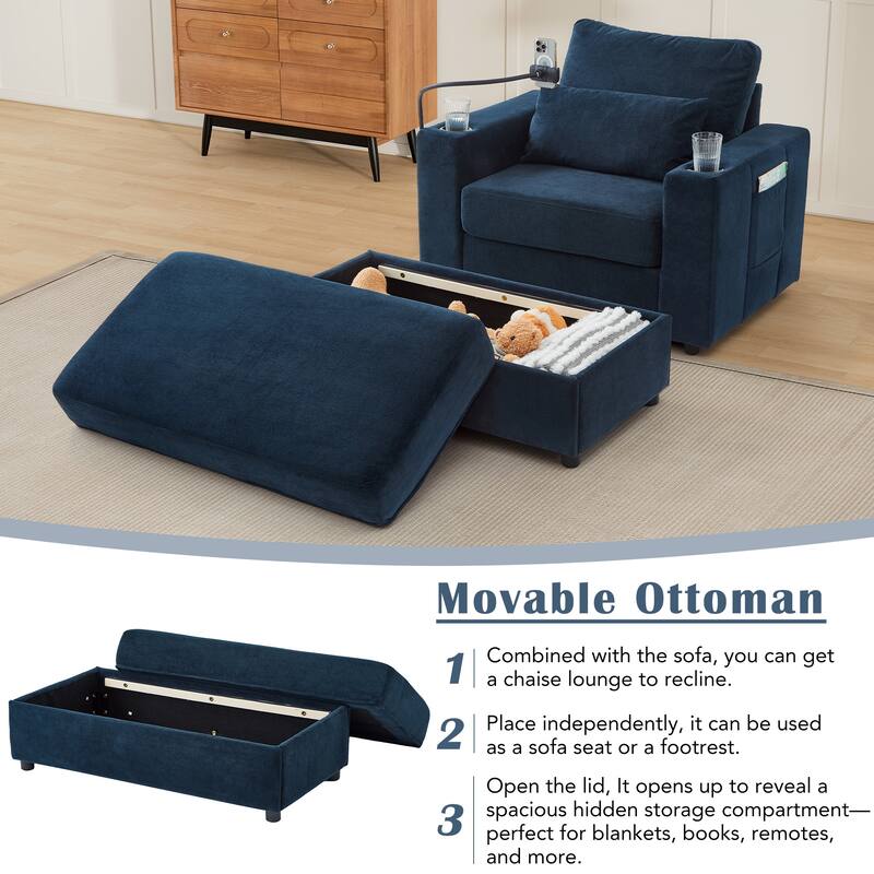 Chaise Lounge Sofa Couch with a Movable Storage Ottoman, Two USB Ports, Two Cup Holders, a Phone Holder，Side Pockets