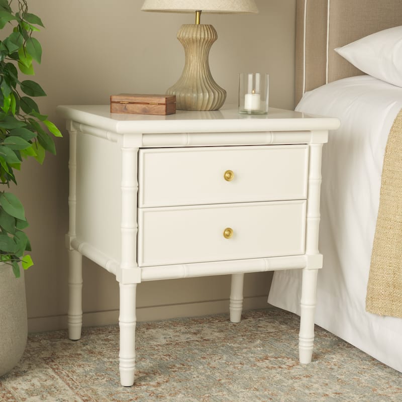 SAFAVIEH Paloma Navy Coastal 2-Drawer Bamboo Nightstand - White