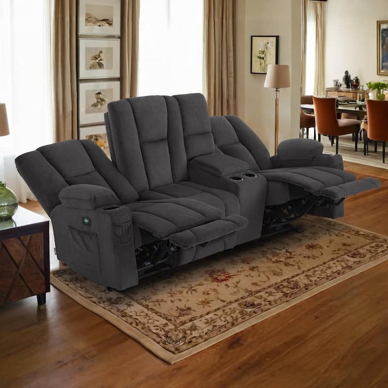 MCombo Electric Power Reclining Sofa with Massage and Lumbar Heat, Fabric 6015/6025/6035/6045 - Reclining Sofa with Console - Grey