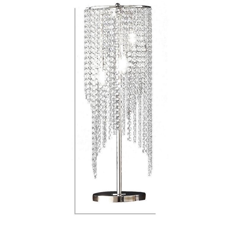 Mindy 30 Inch Table Lamp, Crystal Raindrops Design, Metal, Clear Finish - Clear, Chrome