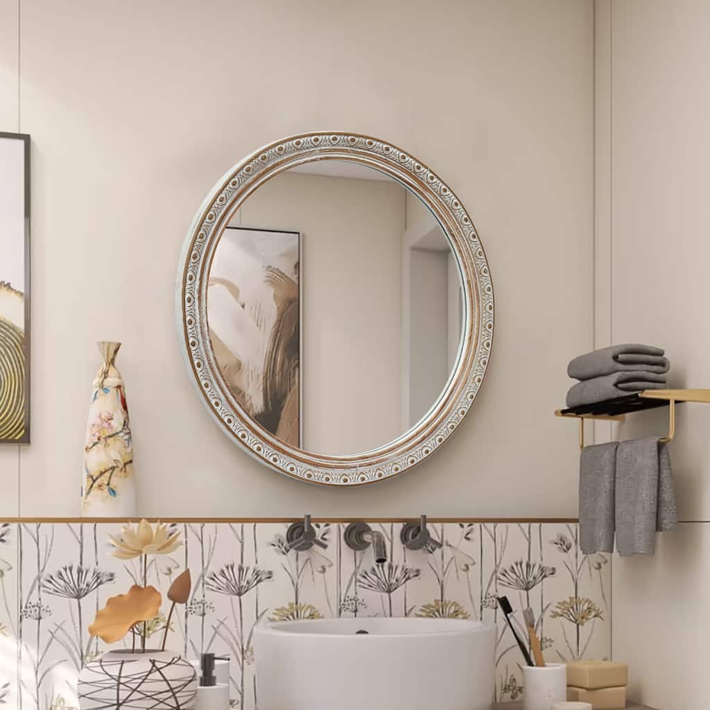 Ornate Round Wall Mirror - Ancient White
