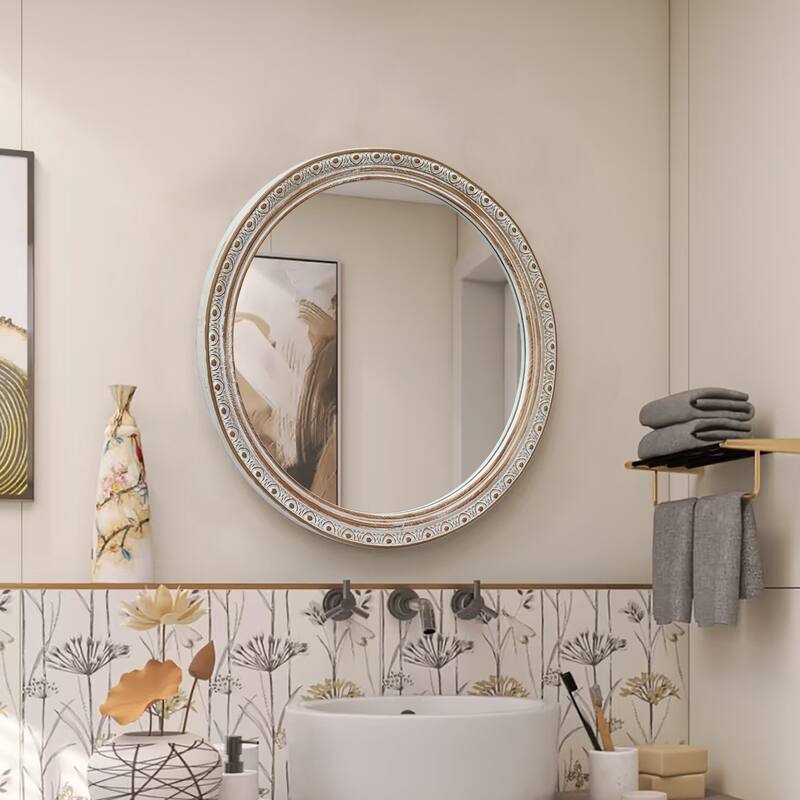 Round Wall Mirror (23.62" x 23.62") - Distressed Silver-Gold Carved Frame, Decorative Hanging Mirror for Bathroom, Bedroom