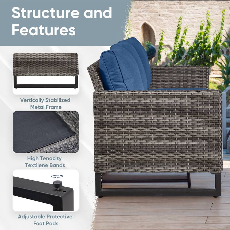 Patio Sofa 2 Swivel Chairs Ottomans and Fire Table Grey-Blue - Grey