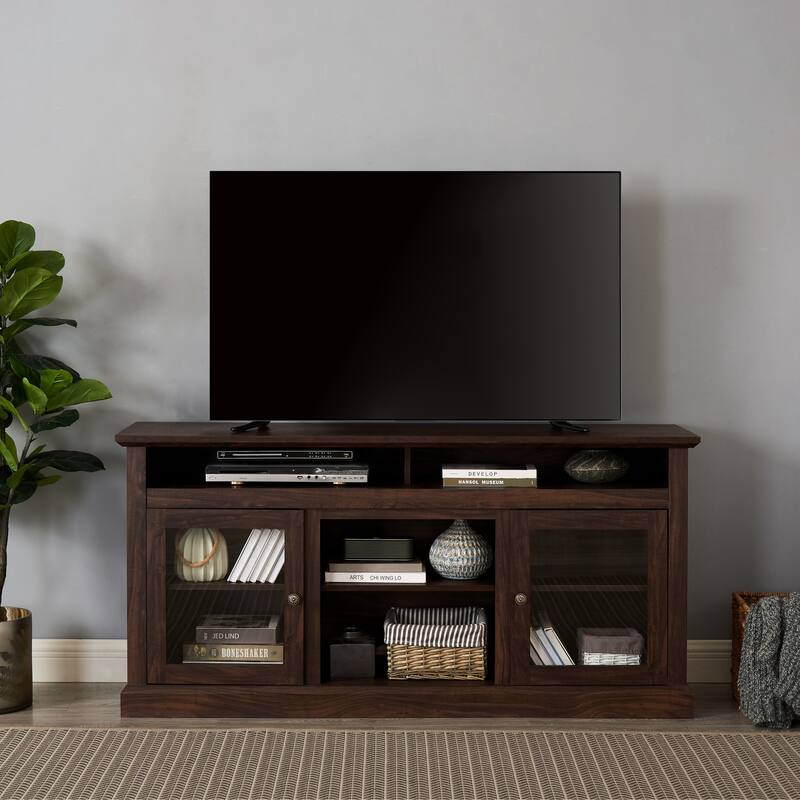 Modern TV Stand Media Stand Modern Entertainment Console for TV Up to 65" with Glass Door Open and Closed Storage Space